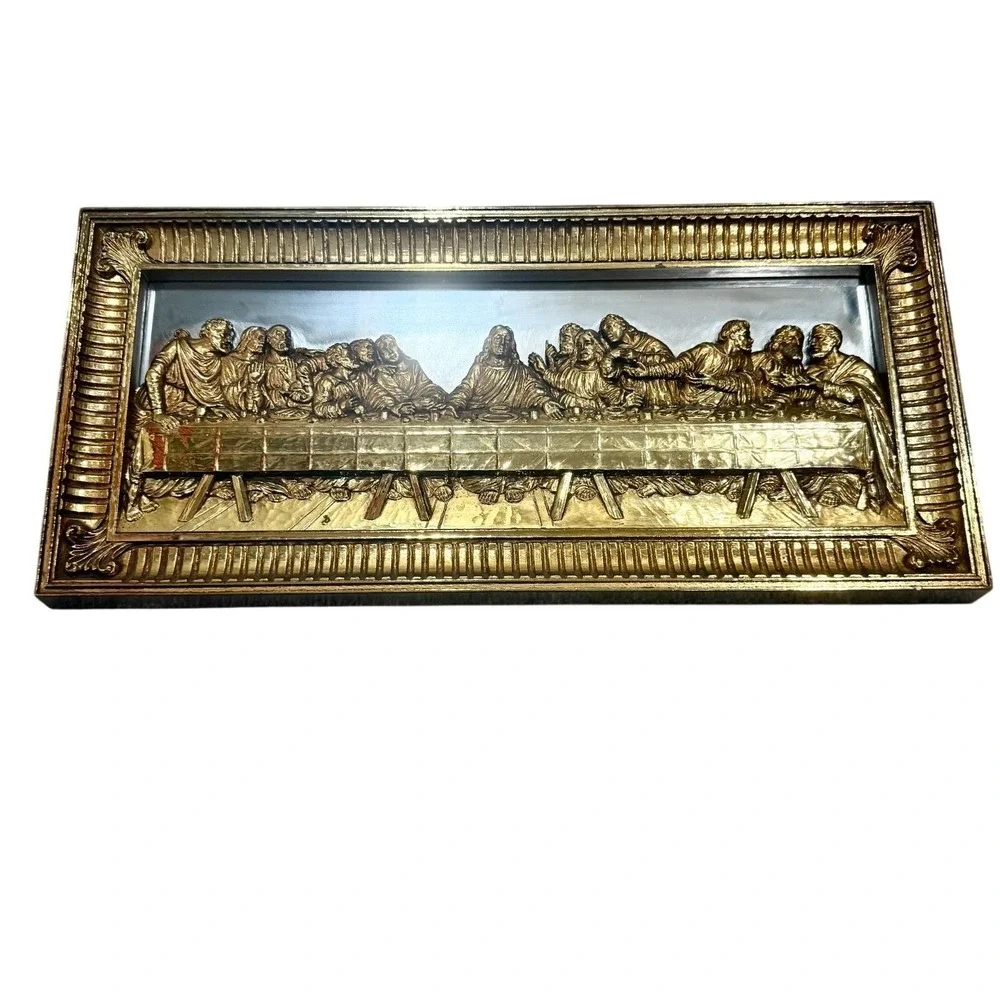 Vintage Home Interior Last Supper 3D Gold Mirror Wall Christian Religious Art